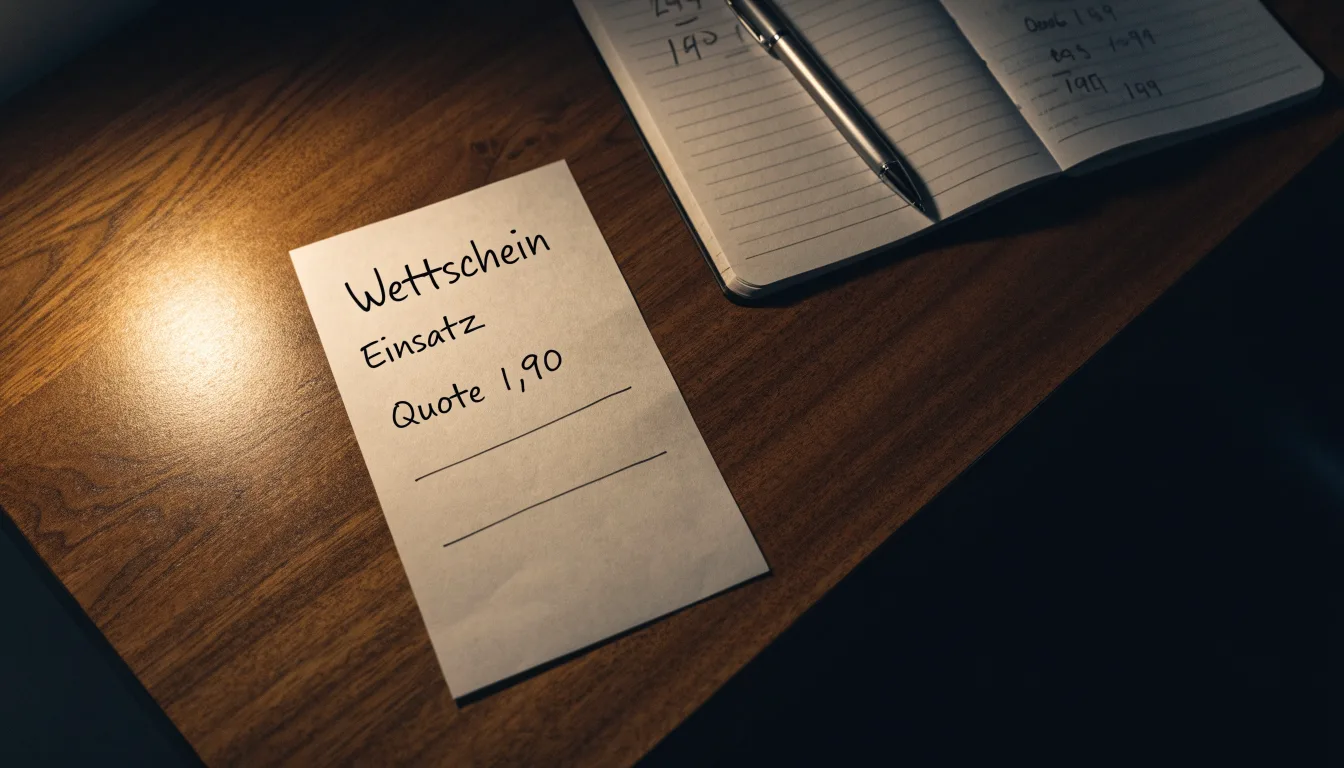 Ein leerer Papierwettschein, ein Kugelschreiber und ein Taschenrechner liegen auf einem Holztisch, warmes Licht einer Schreibtischlampe.