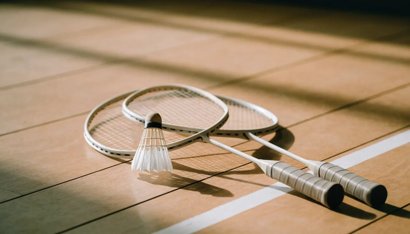 Zwei Badmintonschläger und ein Federball liegen auf einem Holzboden neben der Seitenlinie, weiches Licht fällt von der Seite ein.