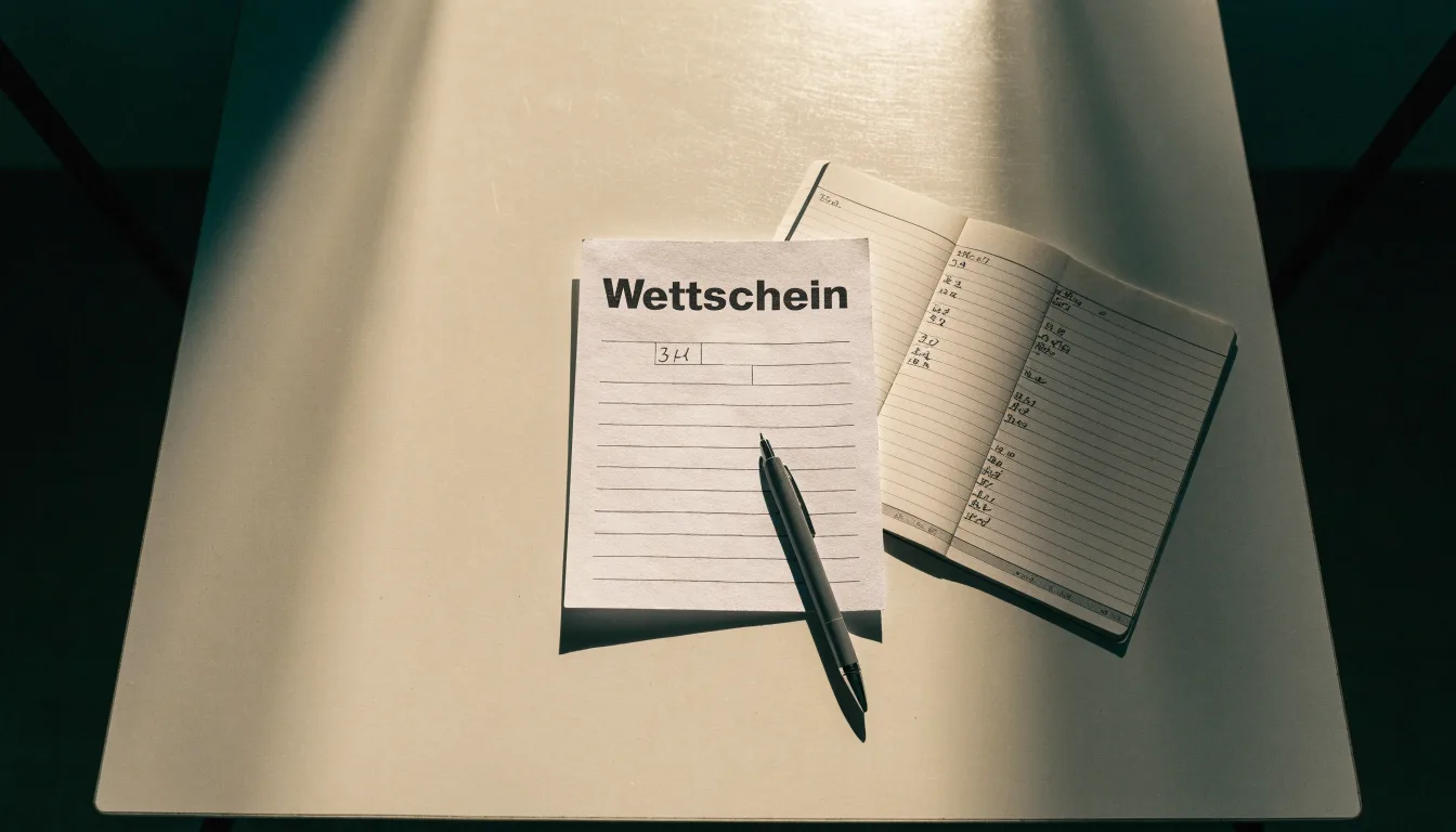 Ein leerer Papierwettschein und ein Kugelschreiber auf einer glatten Schreibtischplatte, daneben ein aufgeschlagenes Notizbuch mit handschriftlichen Notizen.