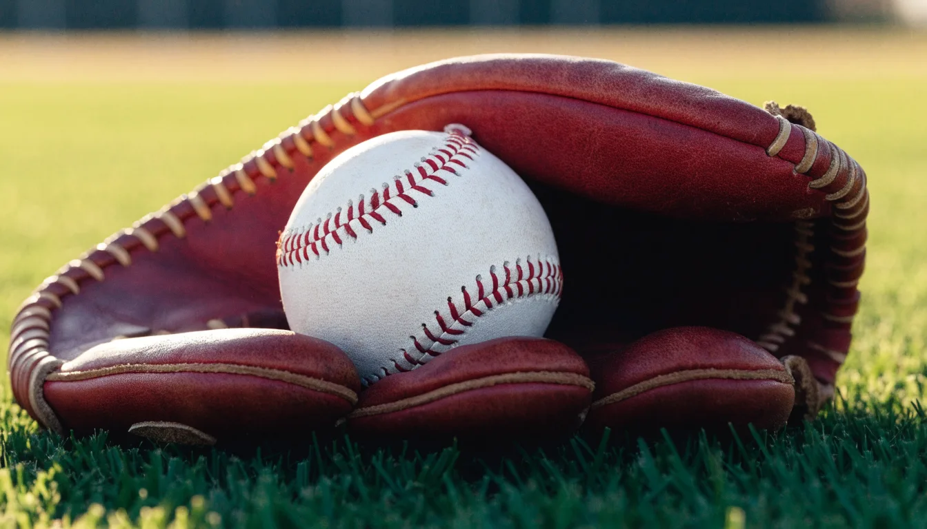 Ein weißer Baseball und ein Lederhandschuh liegen auf kurz geschnittenem Gras, im Hintergrund eine verschwommene Spielfeldbande.
