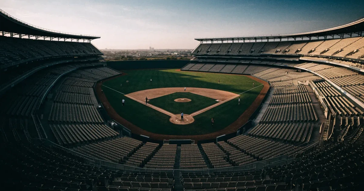 Ein Baseballfeld mit dem hellbraunen Infield und gepflegtem Rasen, von der Tribüne aus gesehen, die Ränge leer, tiefe Abendsonne.