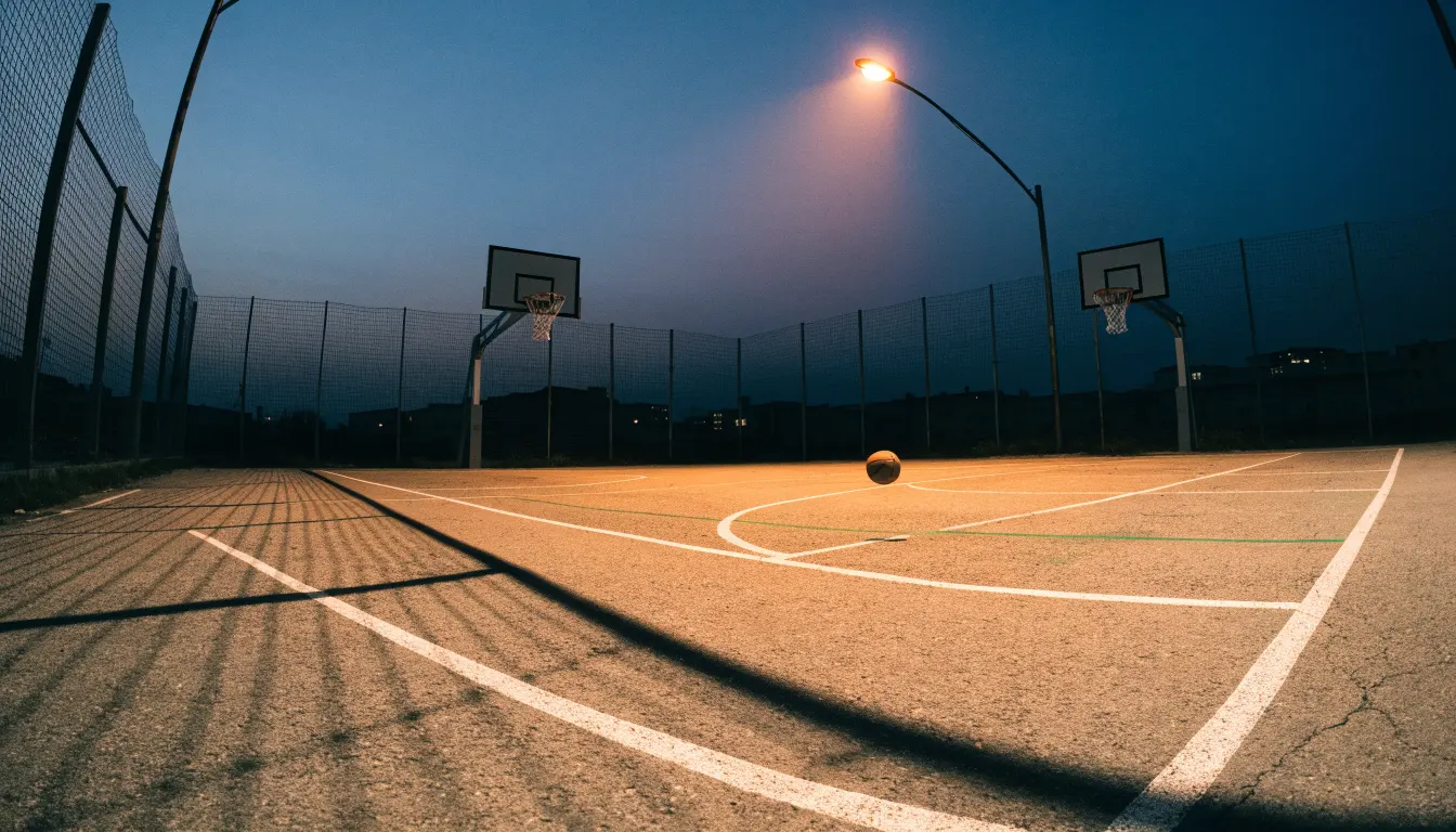 Ein Freiluft-Basketballplatz am Abend mit Asphalt, Linien und zwei Körben unter einer Straßenlaterne.