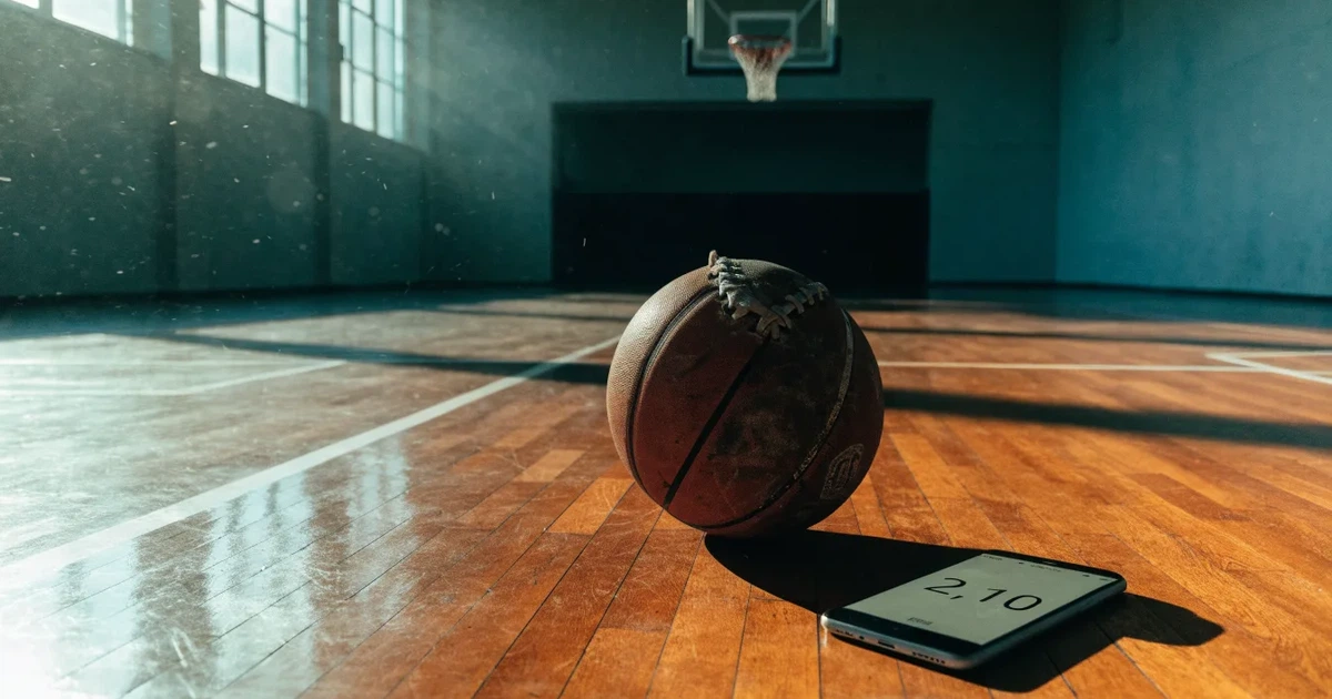 Ein Basketball liegt unter dem Korb auf dem Parkett einer leeren Sporthalle, Licht fällt durch hohe Fenster.
