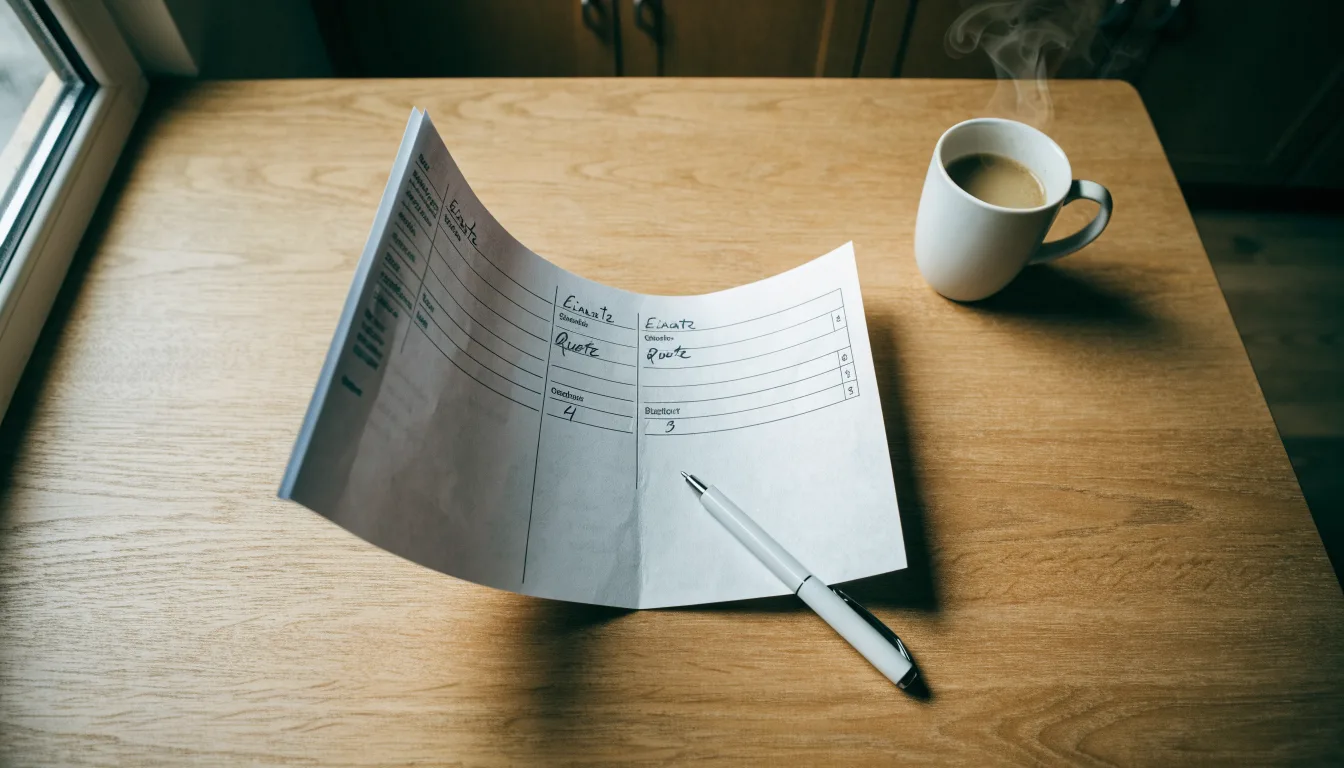 Ein leerer Wettschein aus Papier liegt neben einem Kugelschreiber und einer Tasse auf einem hellen Holztisch.