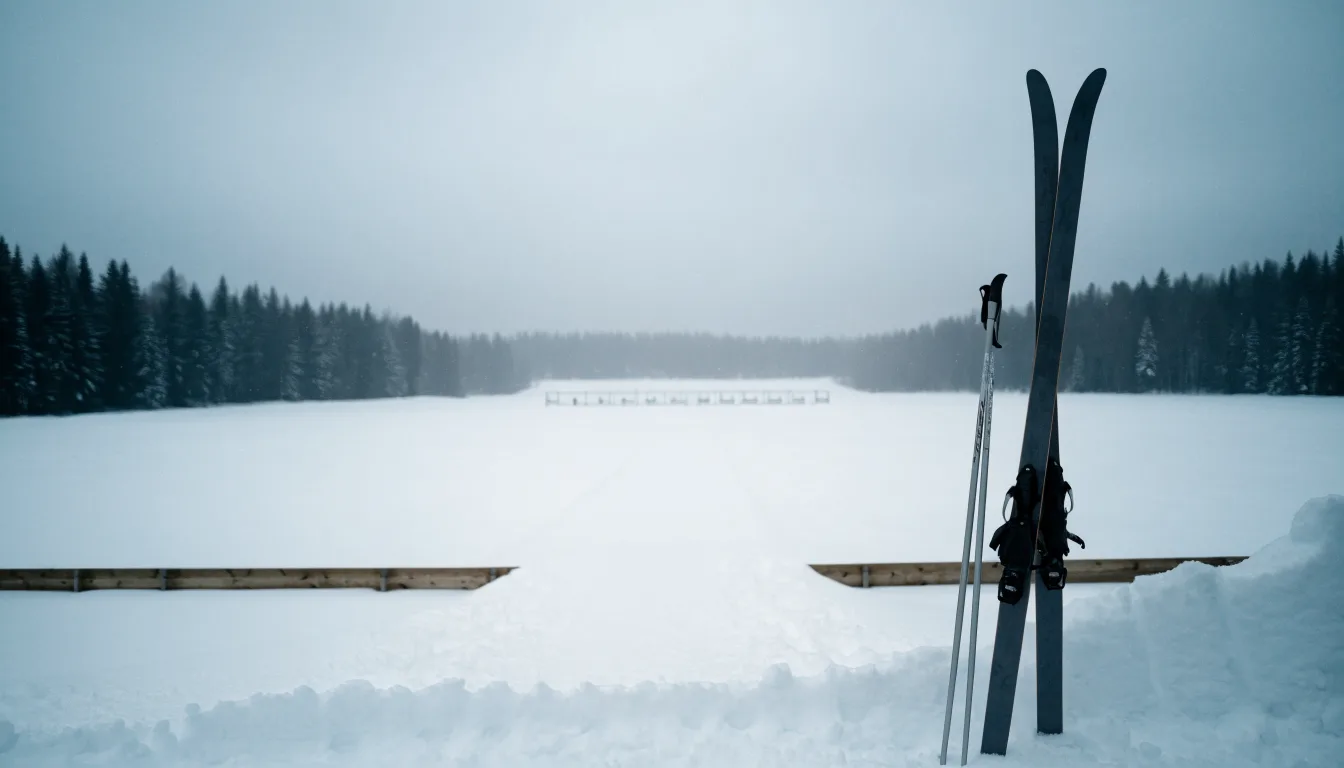 Ein Paar Langlaufskier steckt aufrecht im Schnee neben einem leeren Schießstand mit runden Zielscheiben, kaltes Winterlicht.