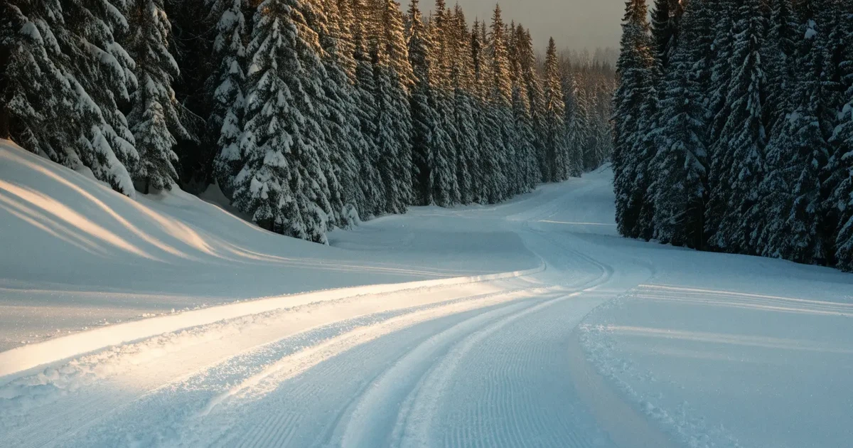 Eine verschneite Loipe zwischen Fichten im Morgenlicht, frische Spuren im Schnee, kein Mensch zu sehen.