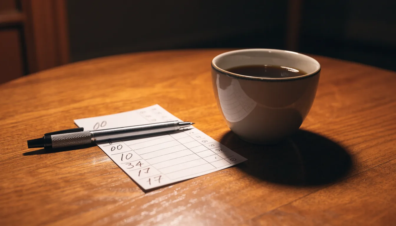 Ein leerer Papierwettschein und ein Kugelschreiber liegen auf einem Holztisch neben einer Tasse, warmes Licht einer Lampe.