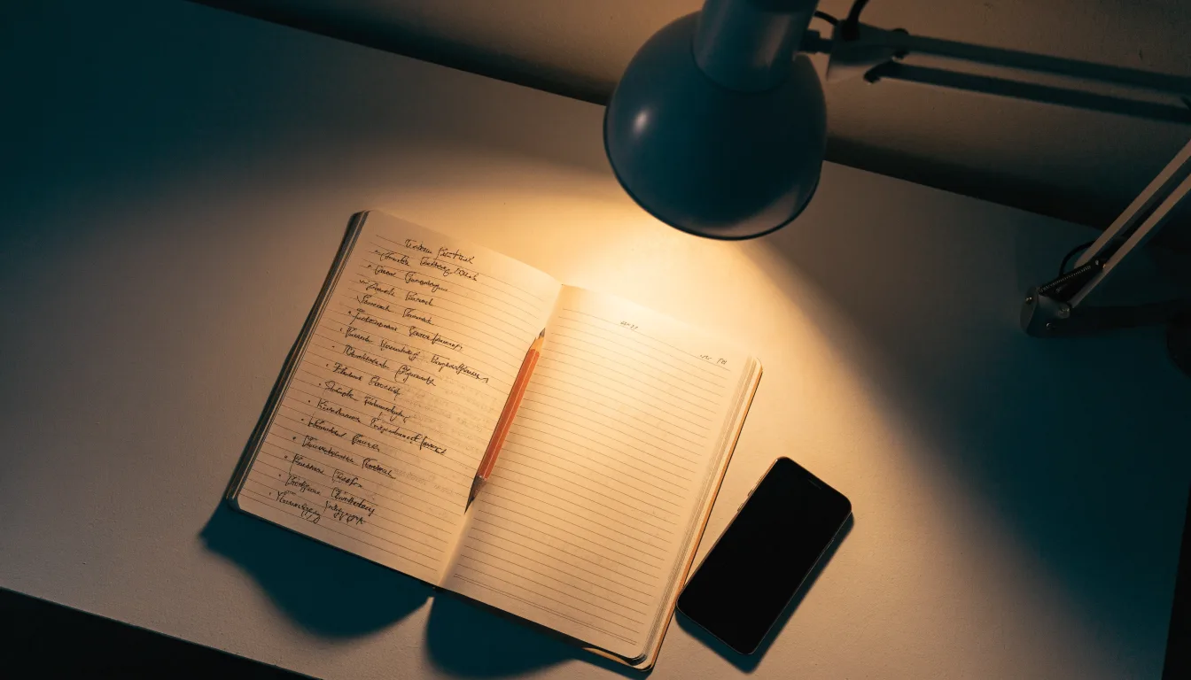 Ein Notizbuch mit handschriftlichen Notizen und ein Bleistift liegen neben einer Tischlampe auf einem Schreibtisch, ruhiges Abendlicht.