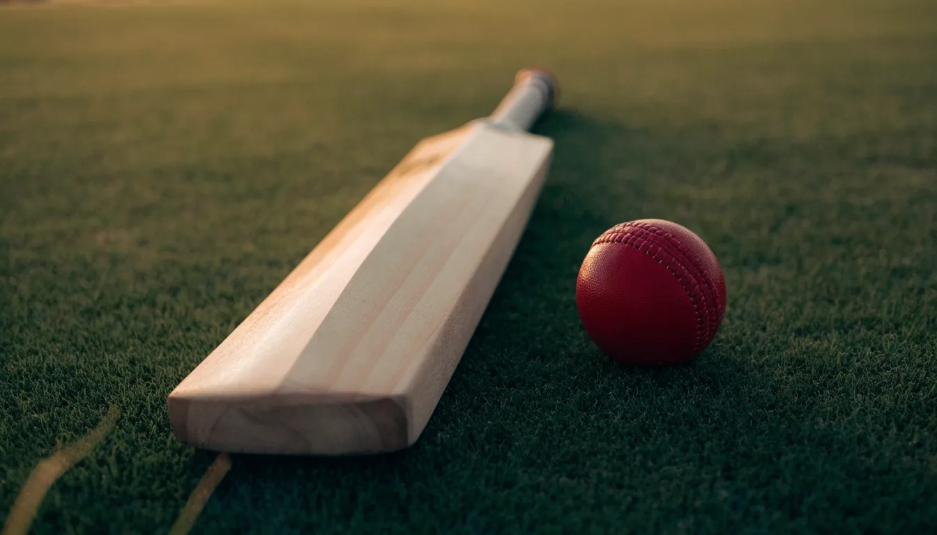 Ein Cricketschläger aus hellem Holz und ein roter Lederball liegen auf kurzem Rasen, weiches Abendlicht.