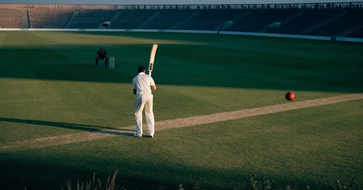 Ein weites grünes Cricketfeld mit einem hellen Streifen in der Mitte, tief stehende Sonne, im Hintergrund eine leere Tribüne.