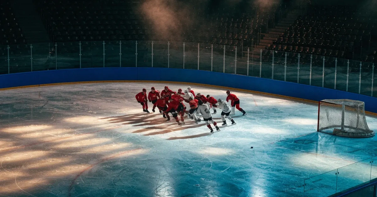 Eine Eishockeyhalle von der Tribüne aus gesehen, spiegelglatte Eisfläche, Banden ohne Schriftzüge, helles Flutlicht.