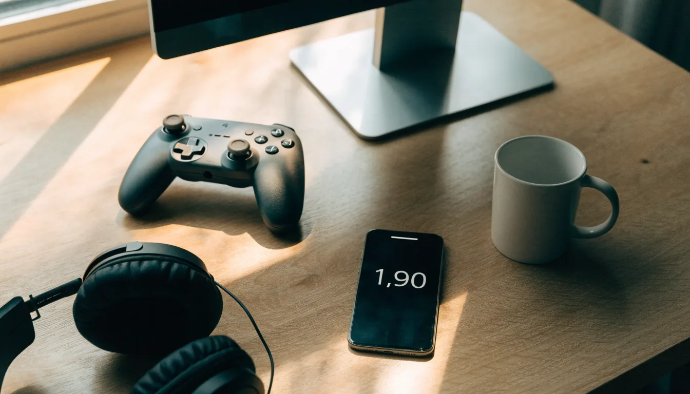 Ein Gamepad und ein Headset liegen auf einem Schreibtisch neben einer Tasse, der Bildschirm im Hintergrund ist ausgeschaltet.