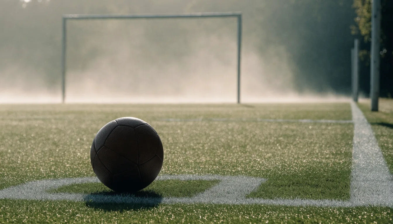 Ein Fußball liegt auf dem Elfmeterpunkt eines leeren Rasenplatzes, im Hintergrund unscharf ein Tor im Morgendunst.
