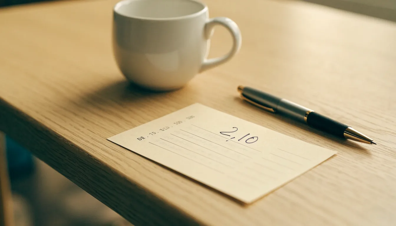 Ein leerer Wettschein aus Papier liegt neben einem Kugelschreiber und einer Tasse auf einem hellen Holztisch.