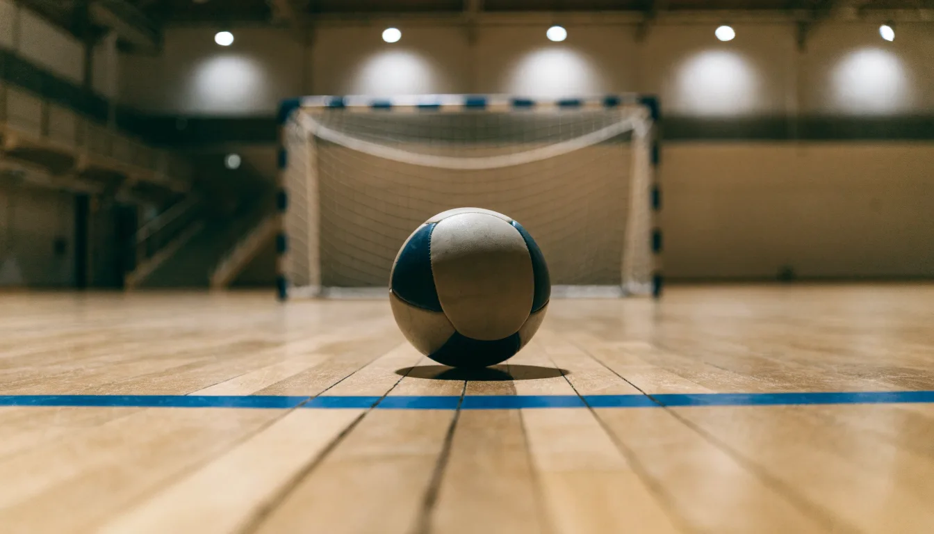 Ein kleiner schwerer Ball liegt in einer Halle auf dem Parkett vor einem Tor, warmes Licht aus den Deckenstrahlern.