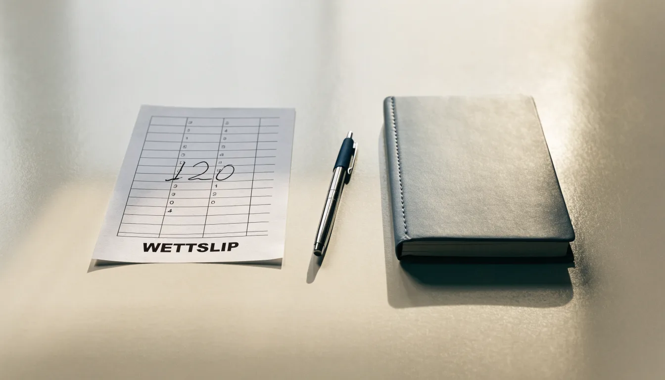 Ein leerer Papierwettschein und ein Kugelschreiber liegen auf einer glatten Schreibtischplatte neben einem Notizbuch.