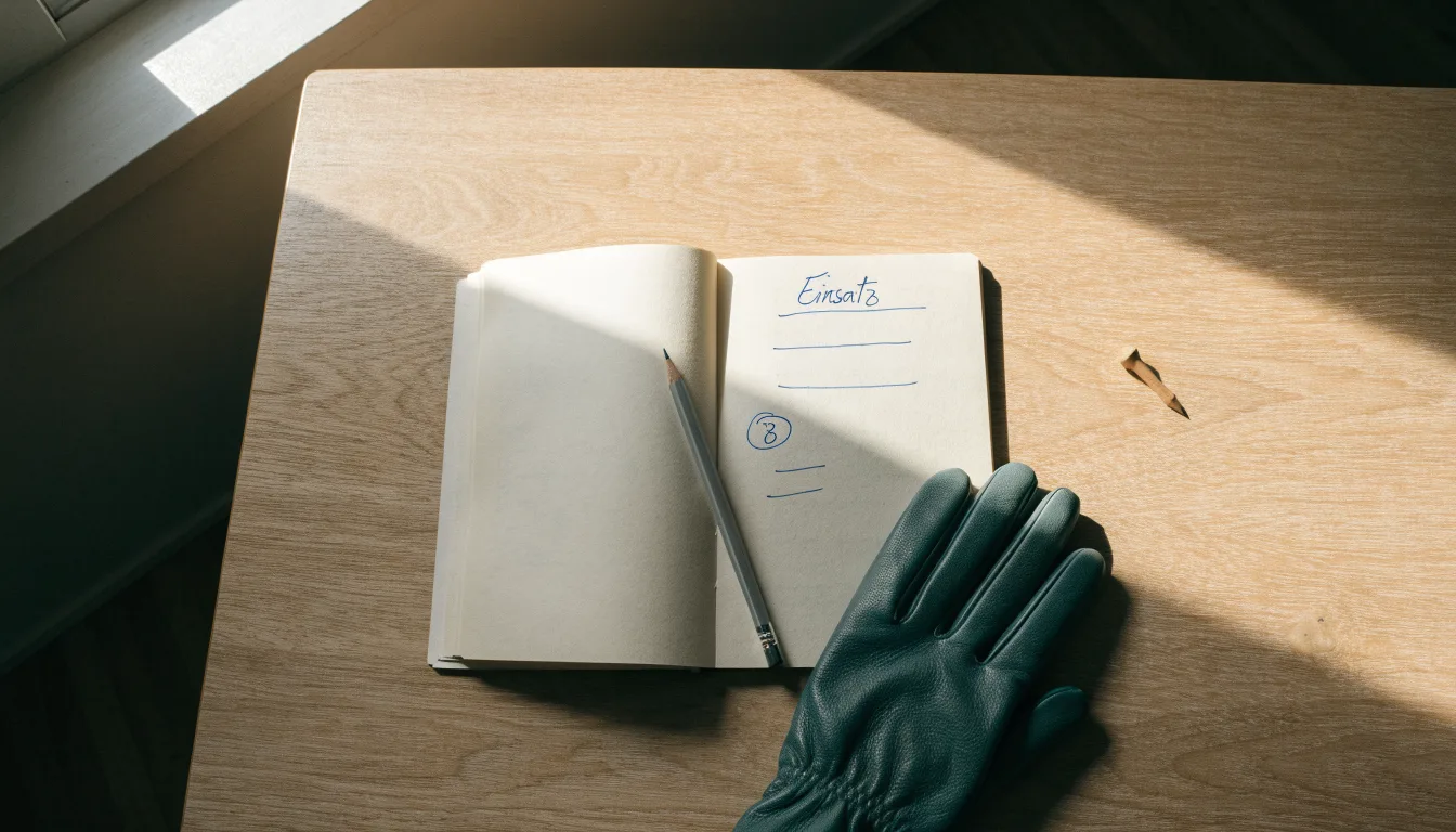 Ein Notizbuch mit handschriftlichen Notizen und ein Bleistift liegen neben einem Golfhandschuh und einem Tee auf einem Holztisch.