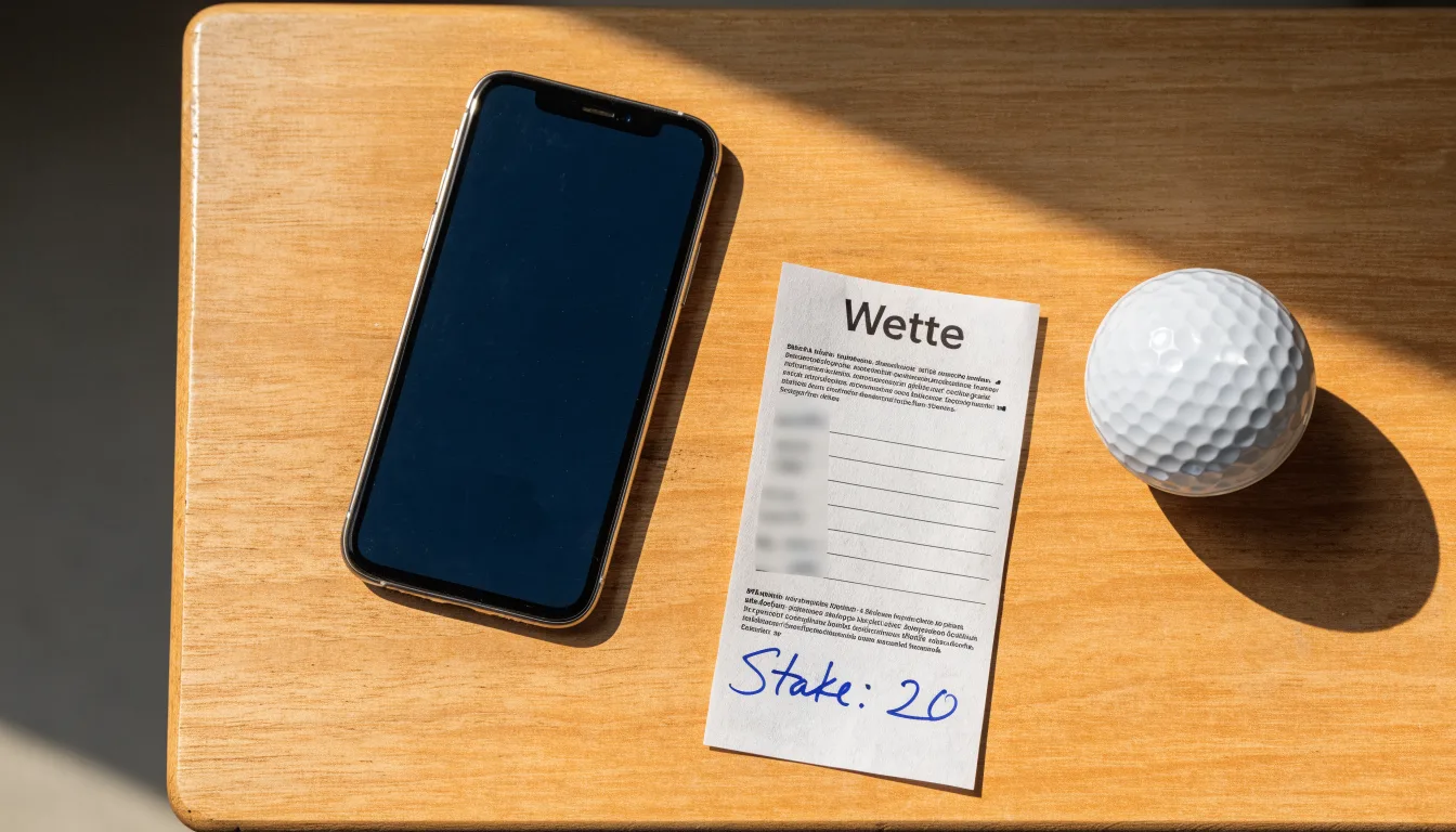 Ein leerer Wettschein aus Papier liegt neben einem Smartphone mit dunklem Display auf einem Tisch, daneben ein einzelner Golfball.