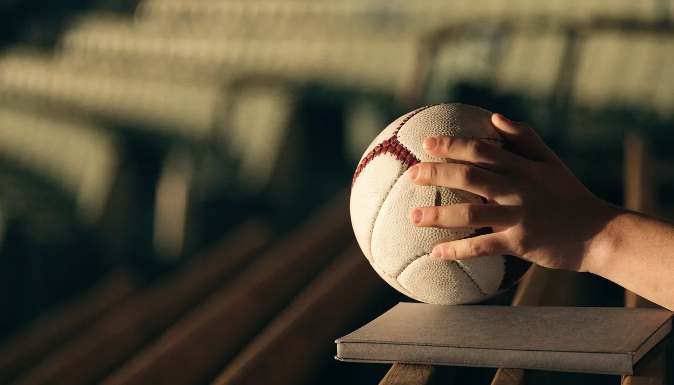 Eine Hand hält einen Handball, im Hintergrund eine unscharfe Tribüne, daneben liegt ein Notizblock auf einer Bank.