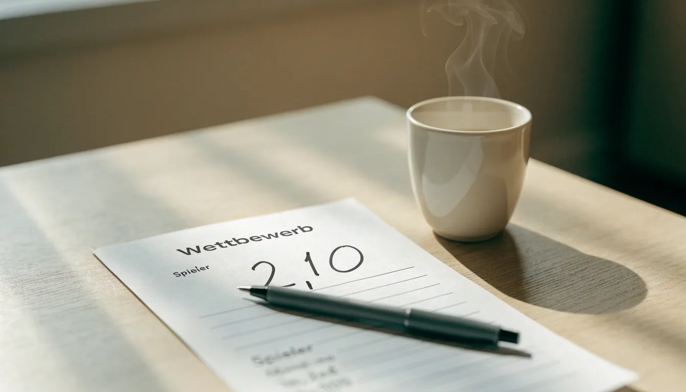 Ein leerer Wettschein aus Papier und ein Kugelschreiber liegen auf einem Schreibtisch neben einer Tasse Kaffee im Tageslicht.