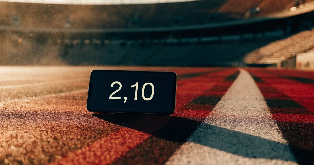 Eine leere Laufbahn aus rotem Tartan mit weißen Linien liegt im Gegenlicht der tiefstehenden Sonne in einem Stadion.
