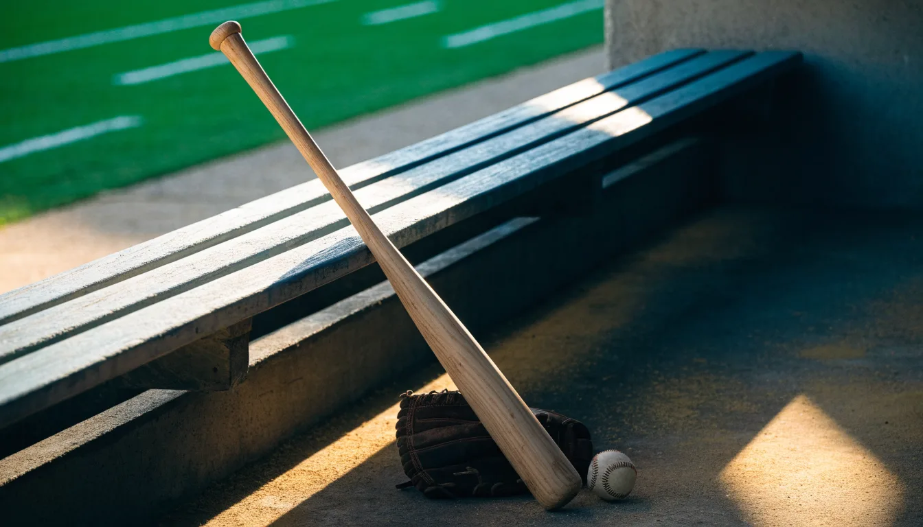 Ein Baseballschläger lehnt an einer Bank im Dugout, daneben liegen ein Handschuh und ein Ball im Licht der Nachmittagssonne.