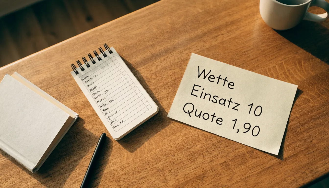 Ein leerer Wettschein aus Papier liegt neben einem Notizbuch und einem Stift auf einem aufgeräumten Schreibtisch.