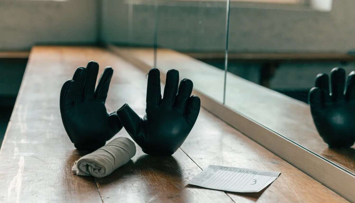 Ein Paar Kampfhandschuhe und eine Bandage liegen auf einer Holzbank in einem Trainingsraum mit Spiegelwand.