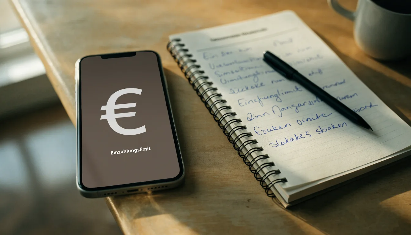 Ein Smartphone mit dunklem Display liegt neben einem Notizbuch und einem Kugelschreiber auf einem Tisch.