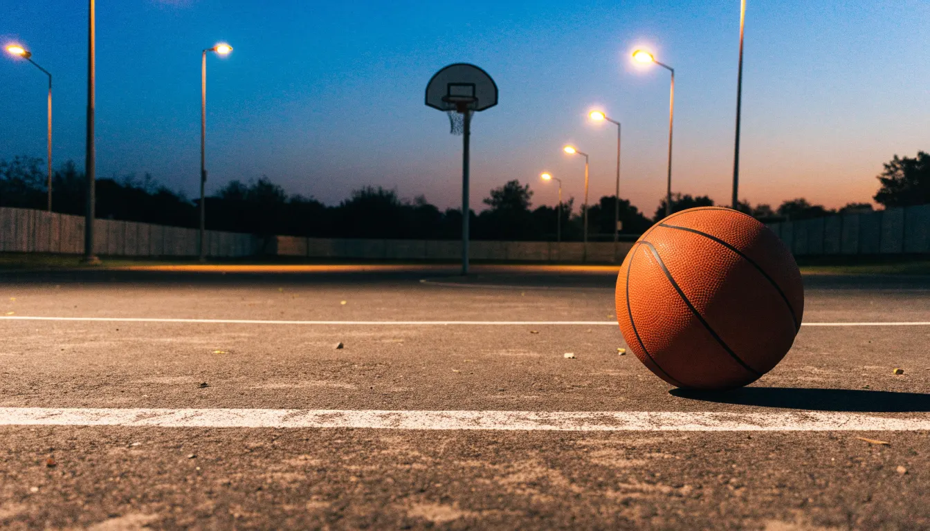 Ein Basketball rollt auf einem Freiluftplatz in der Abenddämmerung zu einem Korb, die Straßenlaternen leuchten bereits.