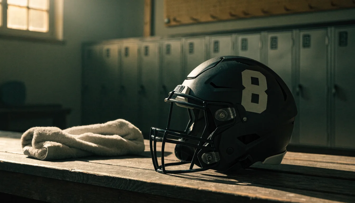 Ein neutraler Footballhelm ohne Aufdruck steht auf einer Holzbank in einer Umkleidekabine.