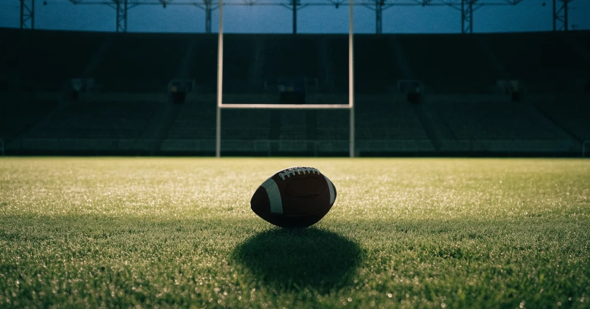 Ein American Football liegt auf dem Rasen eines leeren Stadions unter Flutlicht, die Torstangen ragen im Hintergrund auf.