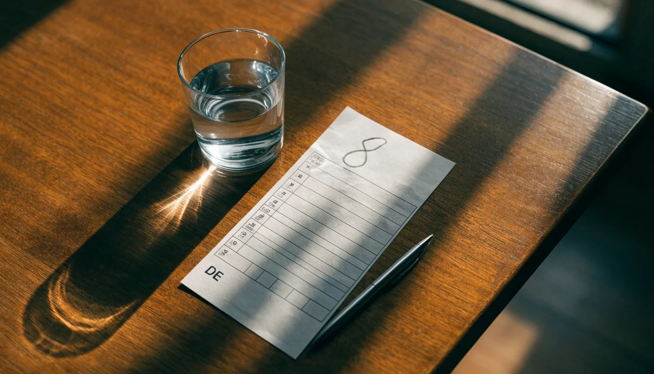 Ein leerer Wettschein aus Papier liegt neben einem Stift auf einem Tisch, daneben ein Glas Wasser.