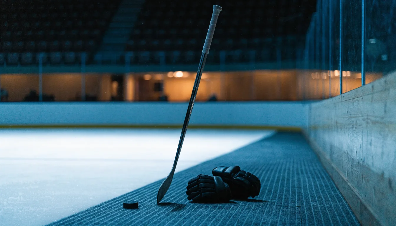 Ein Eishockeyschläger lehnt an einer Bande, daneben liegen ein Puck und ein Paar Handschuhe in einer Eishalle.