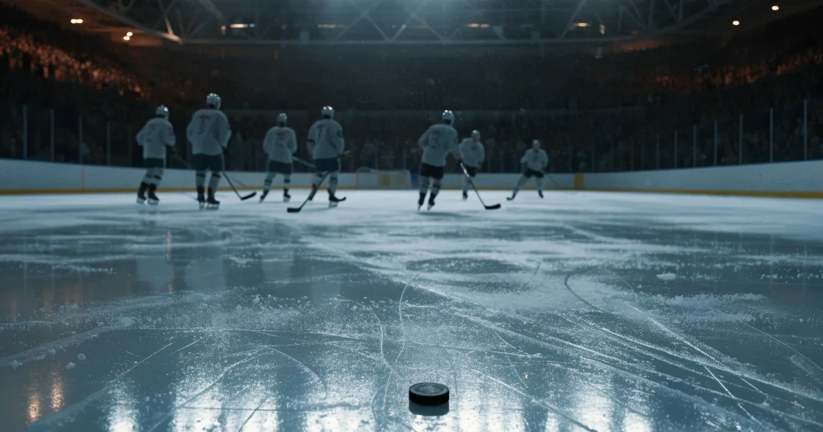 Eine leere Eisfläche in einer Halle mit Banden und Flutlicht, auf dem Eis liegt ein einzelner Puck.