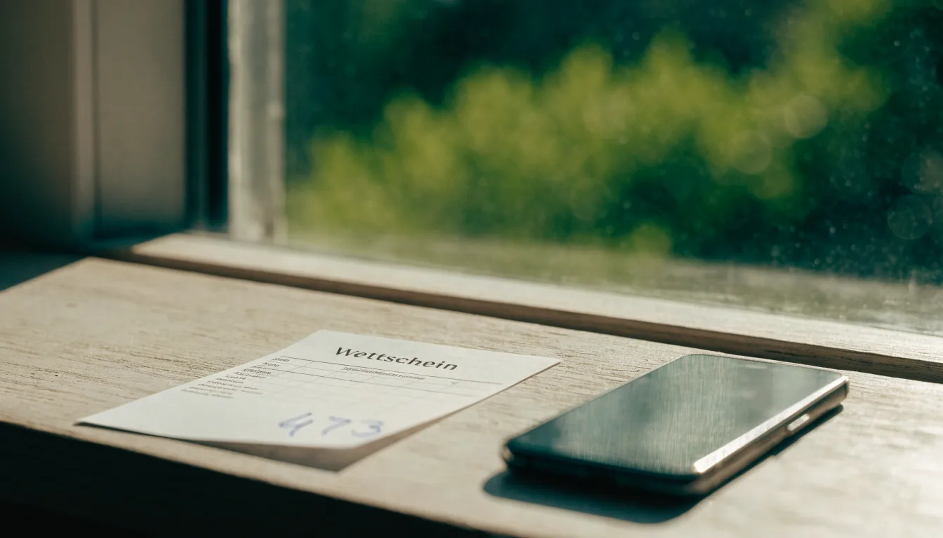 Ein leerer Wettschein aus Papier und ein Smartphone mit dunklem Display liegen auf einer Fensterbank im Tageslicht.