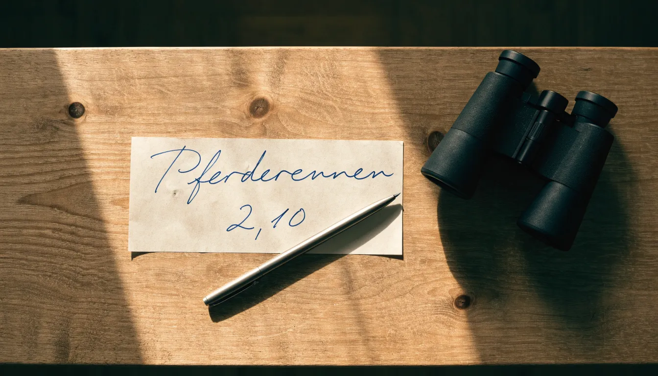 Ein leerer Wettschein aus Papier und ein Kugelschreiber liegen auf einem Holztisch neben einem Fernglas.