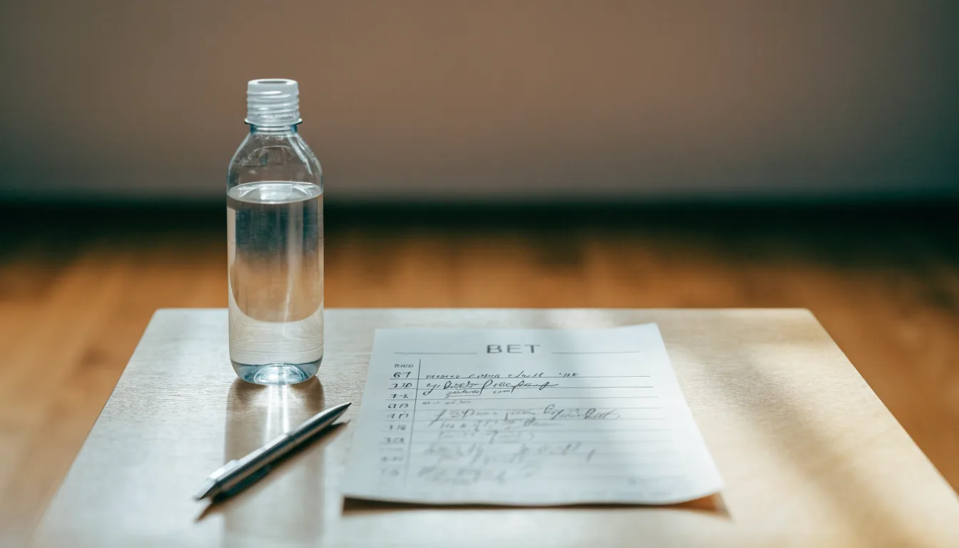Ein leerer Wettschein aus Papier liegt neben einer Trinkflasche und einem Stift auf einem Tisch.