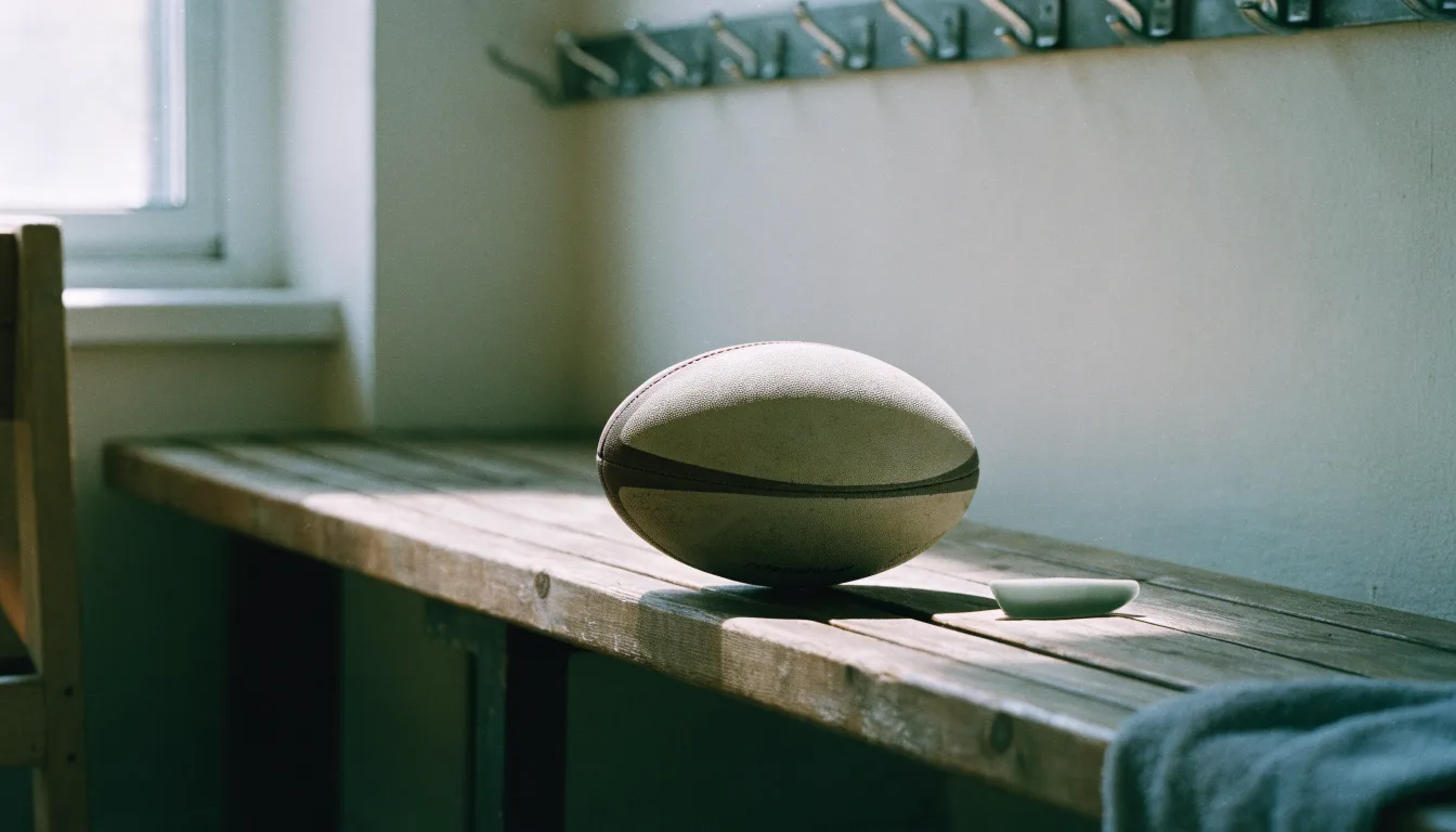 Ein Rugbyball und ein Mundschutz liegen auf einer Holzbank neben einer Reihe Kleiderhaken in einer Umkleide.