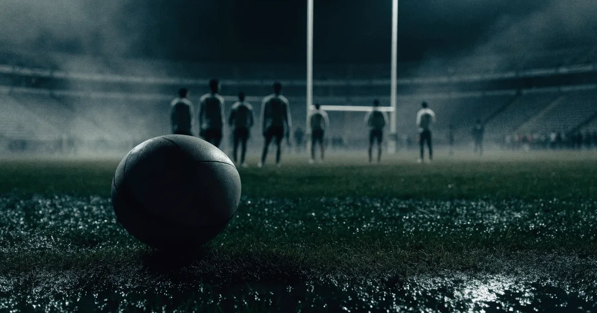 Ein ovaler Rugbyball liegt vor den hohen Torstangen auf nassem Rasen, über dem Stadion zieht Nebel auf.