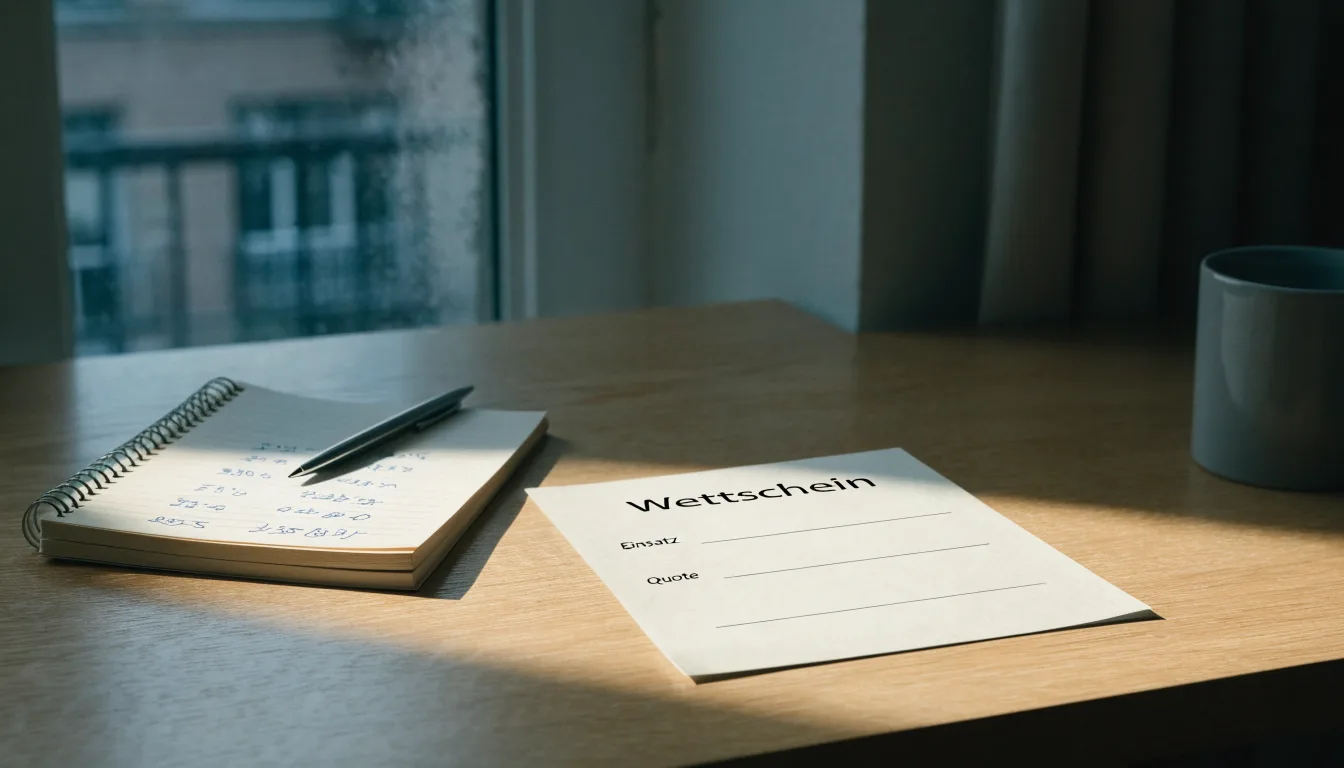Ein leerer Wettschein aus Papier liegt neben einem Notizbuch und einem Stift auf einem Schreibtisch am Fenster.