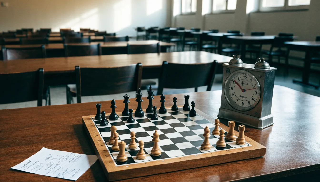 Ein Schachbrett und eine Schachuhr stehen auf einem Tisch in einem leeren Turniersaal, die Stühle sind ordentlich zurückgeschoben.