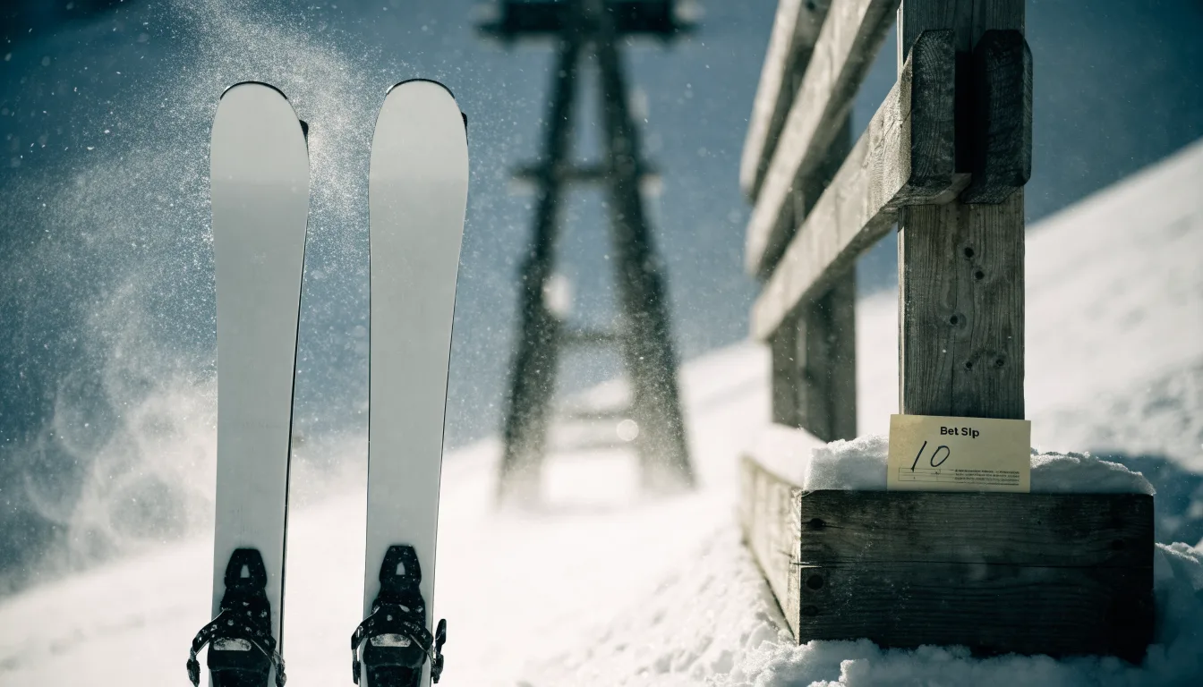 Ein Paar Skier steckt aufrecht im Schnee neben einem Anlaufturm, im Hintergrund wirbelt feiner Schnee im Wind.