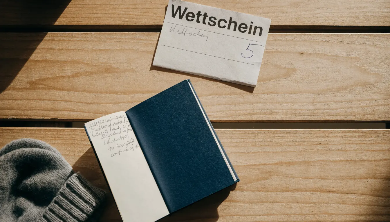Ein leerer Wettschein aus Papier und ein Notizbuch liegen neben einer Wollmütze auf einem Holztisch.