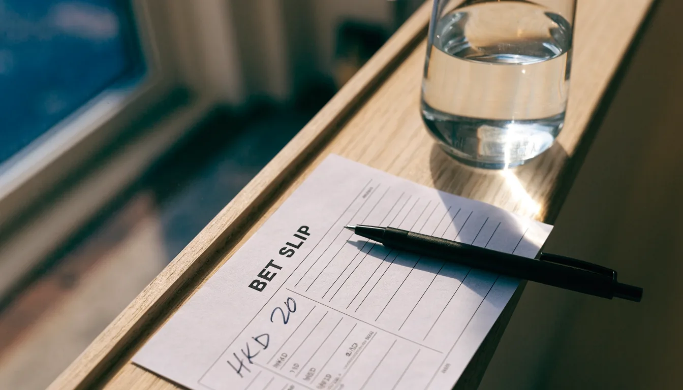 Ein leerer Wettschein aus Papier und ein Kugelschreiber liegen neben einem Glas Wasser auf einer Fensterbank.