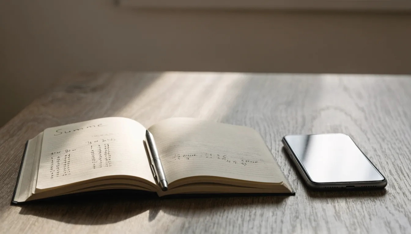 Ein aufgeschlagenes Notizbuch mit handschriftlichen Rechnungen liegt neben Stift und Smartphone auf einem Holztisch im Tageslicht.