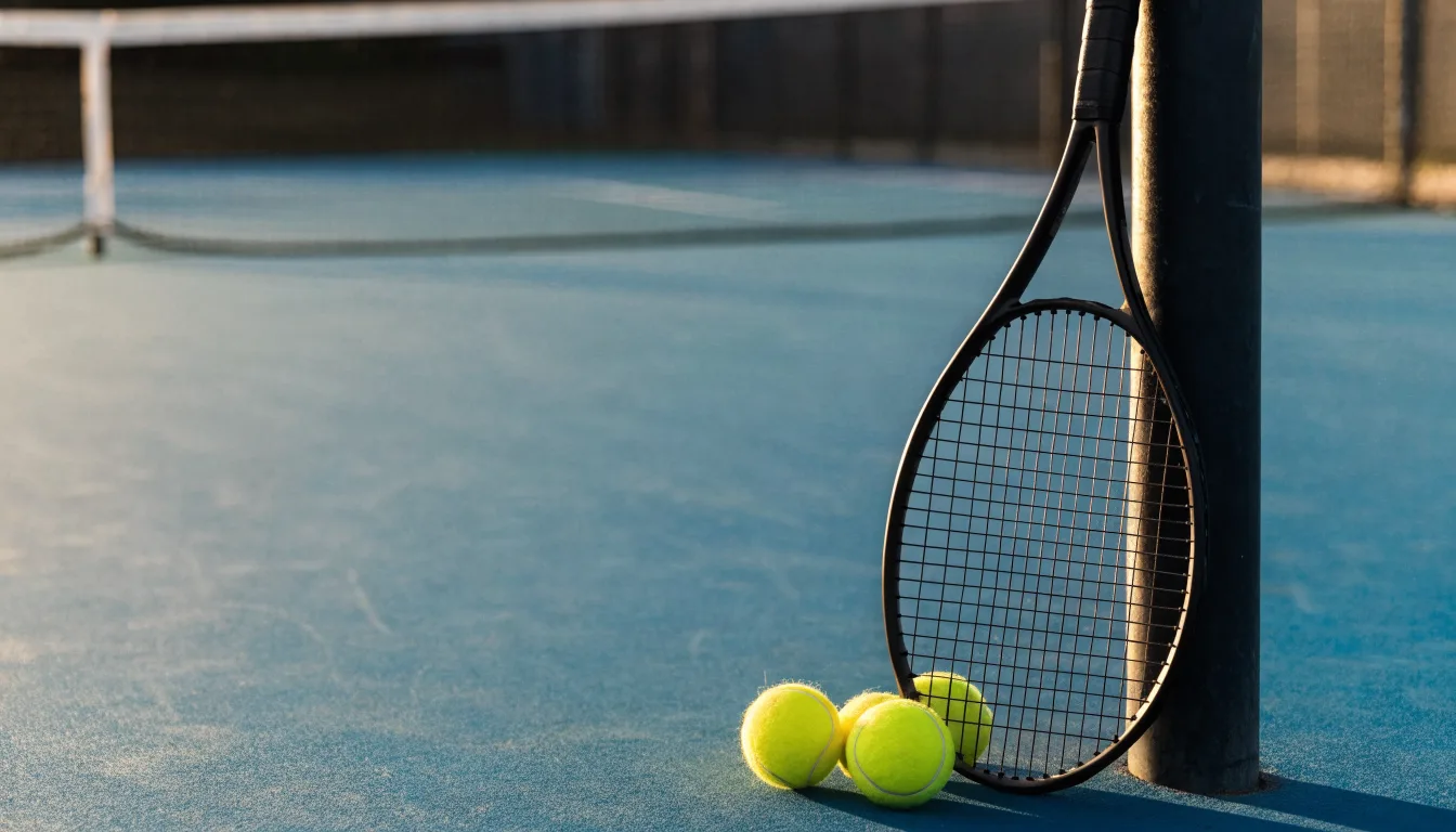 Ein Tennisschläger lehnt an einem Netzpfosten, daneben liegen drei Bälle auf einem Hartplatz in warmem Nachmittagslicht.