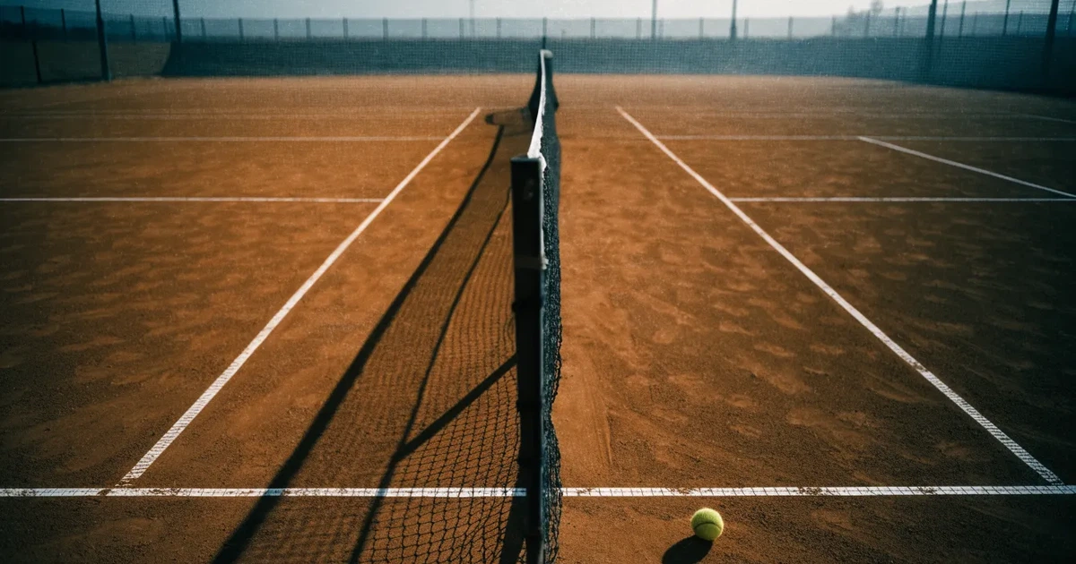Ein Sandplatz am frühen Morgen mit frisch gezogenen Linien, einem Netz in der Mitte und einem gelben Ball auf der Grundlinie.