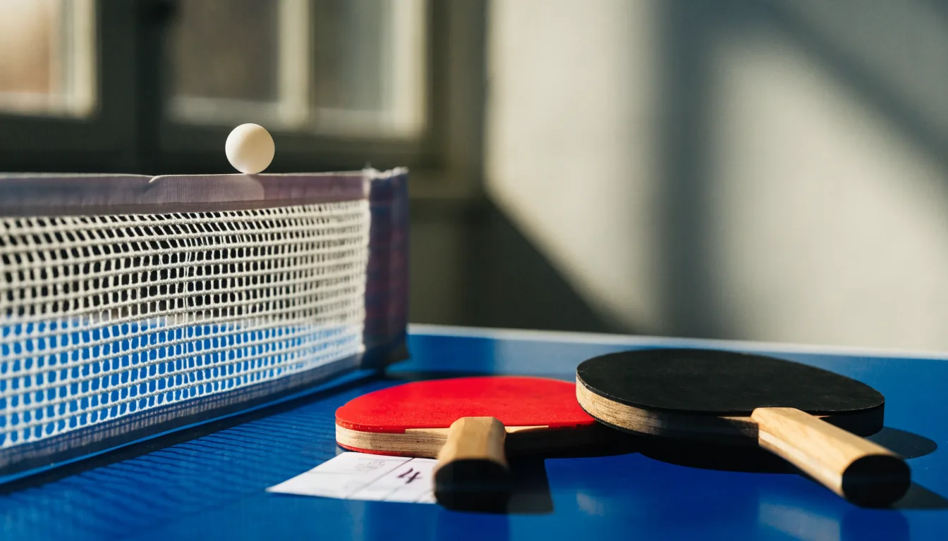 Ein weißer Ball liegt in Nahaufnahme auf der Netzkante einer Tischtennisplatte, daneben zwei Holzschläger mit rotem und schwarzem Belag.