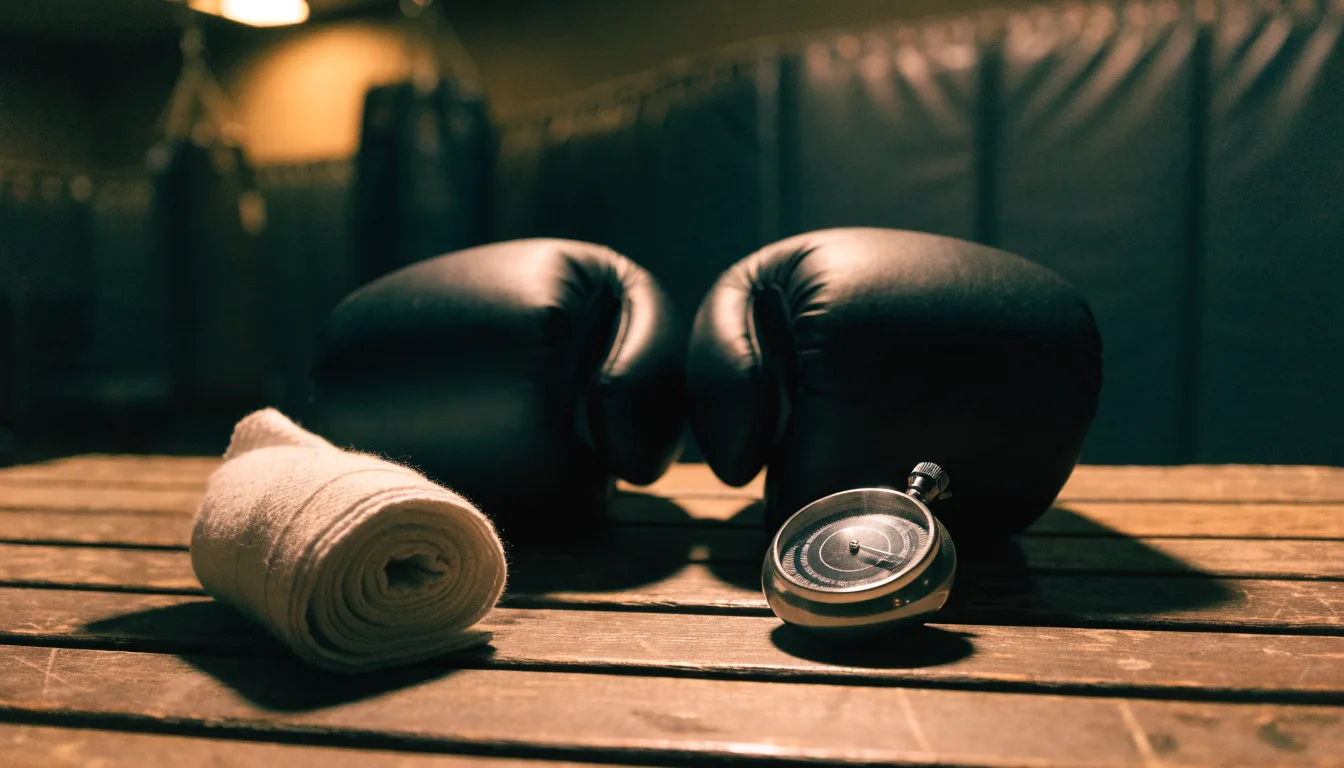 Ein Paar Kampfhandschuhe und eine Stoppuhr liegen auf einer Bank im Trainingsraum neben einer aufgerollten Handbandage.